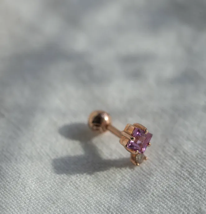 14K 18K Solid Gold Genuine Cognac Diamond & Natural Pink Sapphire Cartilage Helix Barbell Piercing