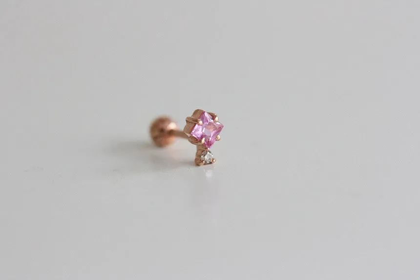 14K 18K Solid Gold Genuine Cognac Diamond & Natural Pink Sapphire Cartilage Helix Barbell Piercing