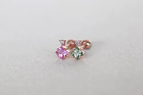 14K 18K Solid Gold Genuine Cognac Diamond & Natural Pink Sapphire Cartilage Helix Barbell Piercing