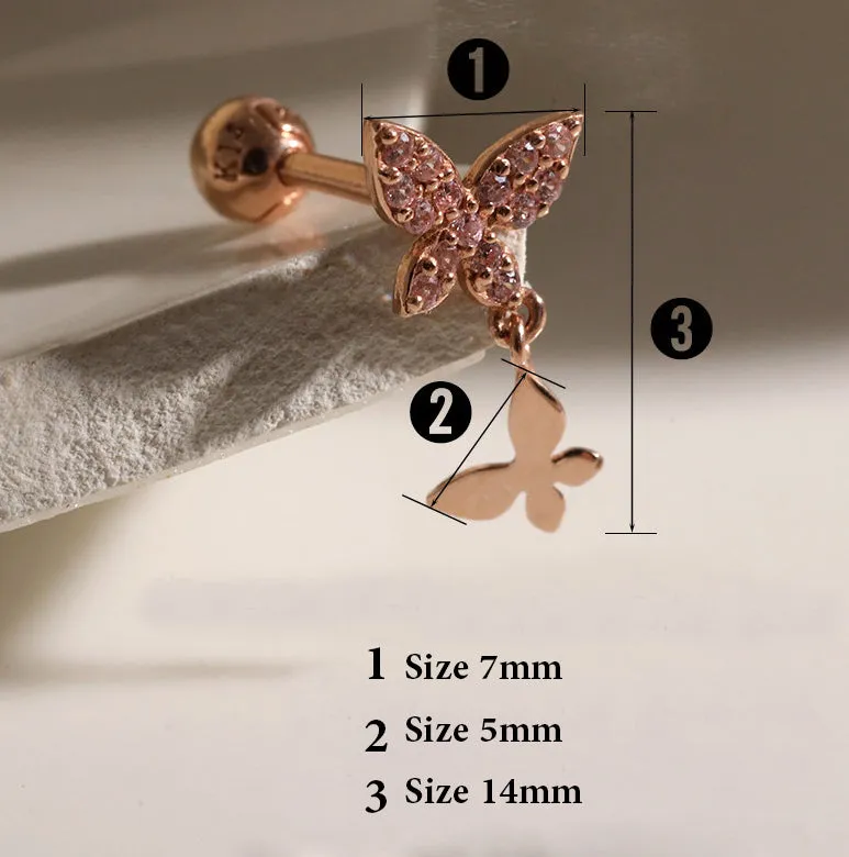 14K Solid Gold Cz Butterfly Cartilage Helix Conch Internally Threaded Flat Back Earring Labret