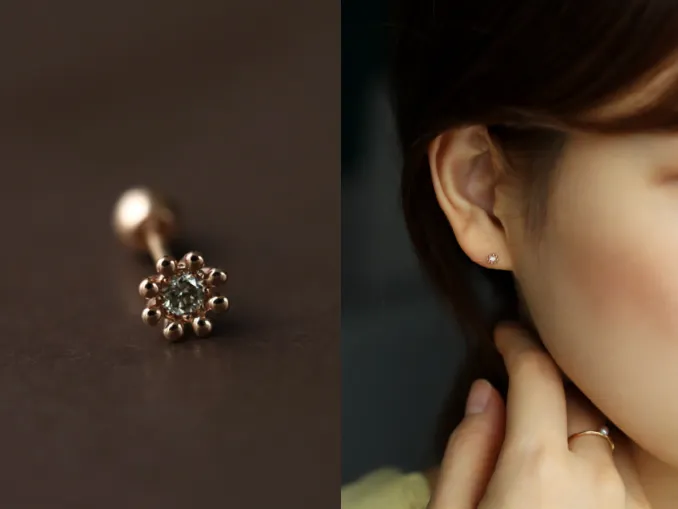 14K Solid Gold Genuine Cognac Diamond Tragus Cartilage Helix Conch Earring Barbell Piercing Stud