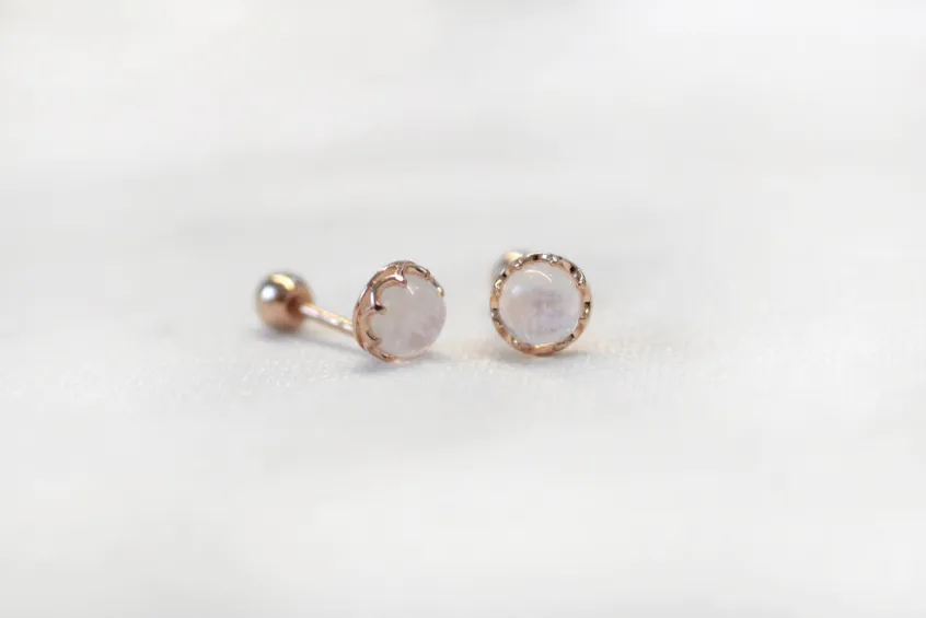 14K Solid Gold Rainbow Moonstone Tragus Cartilage Helix Conch Earring Barbell Piercing Stud