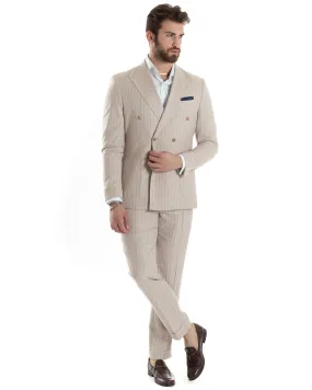 Abito Uomo Doppiopetto Vestito Completo Giacca Pantaloni Beige Gessato Elegante Casual GIOSAL-AE1025A