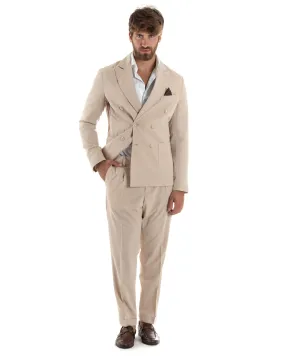 Abito Vestito Uomo Doppiopetto Completo Giacca Pantaloni Beige Rigato Gessato Elegante Casual GIOSAL-AE1059A