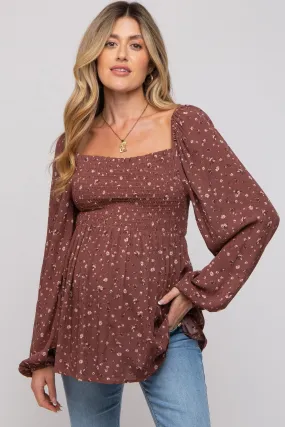 Brown Floral Smocked Long Sleeve Maternity Top