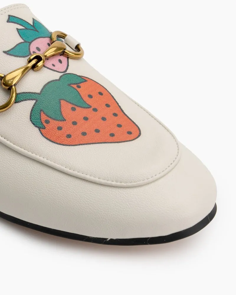 Classic Metal Buckle Strawberry Pattern Leather Slip On Backless Mules