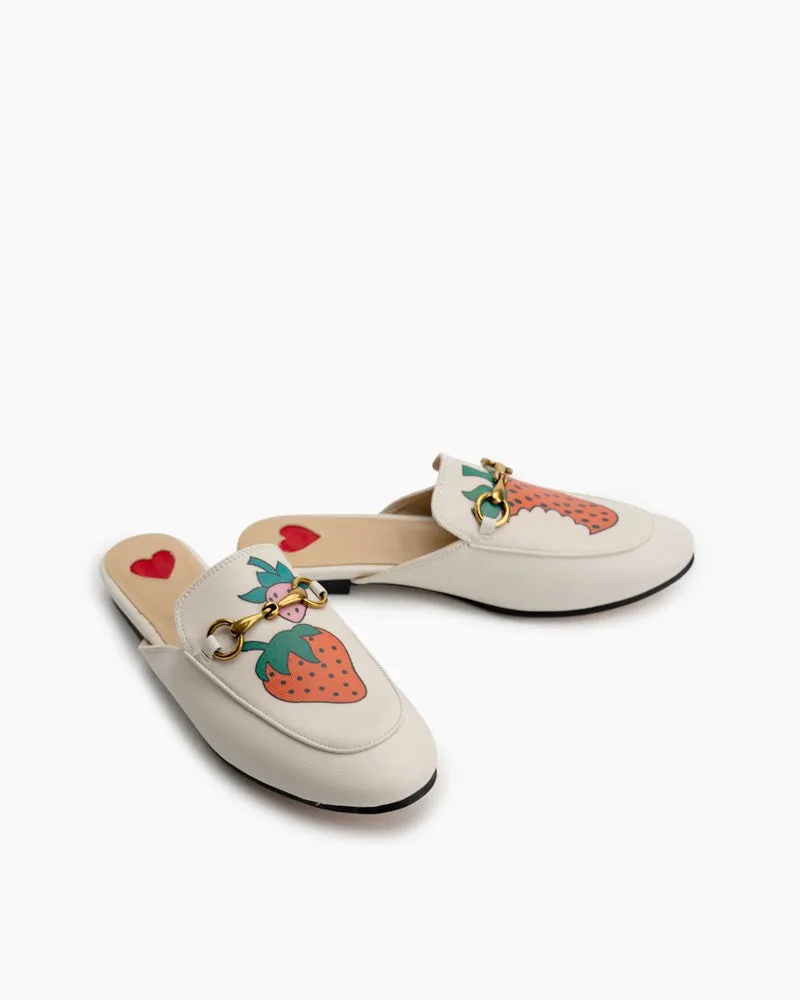 Classic Metal Buckle Strawberry Pattern Leather Slip On Backless Mules