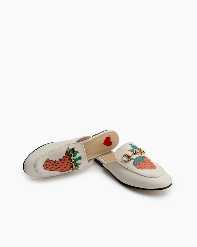 Classic Metal Buckle Strawberry Pattern Leather Slip On Backless Mules