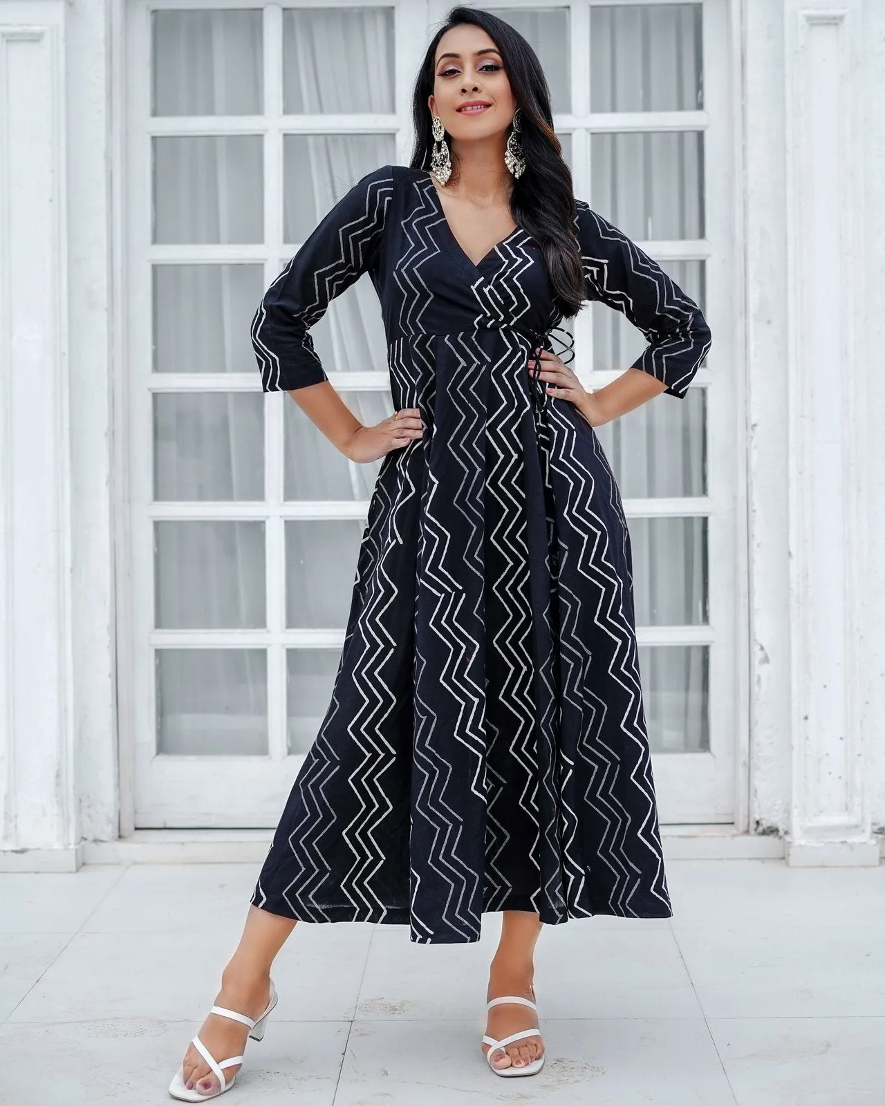 Daisy Hand Block Print Cotton Angarakha Midi Dress