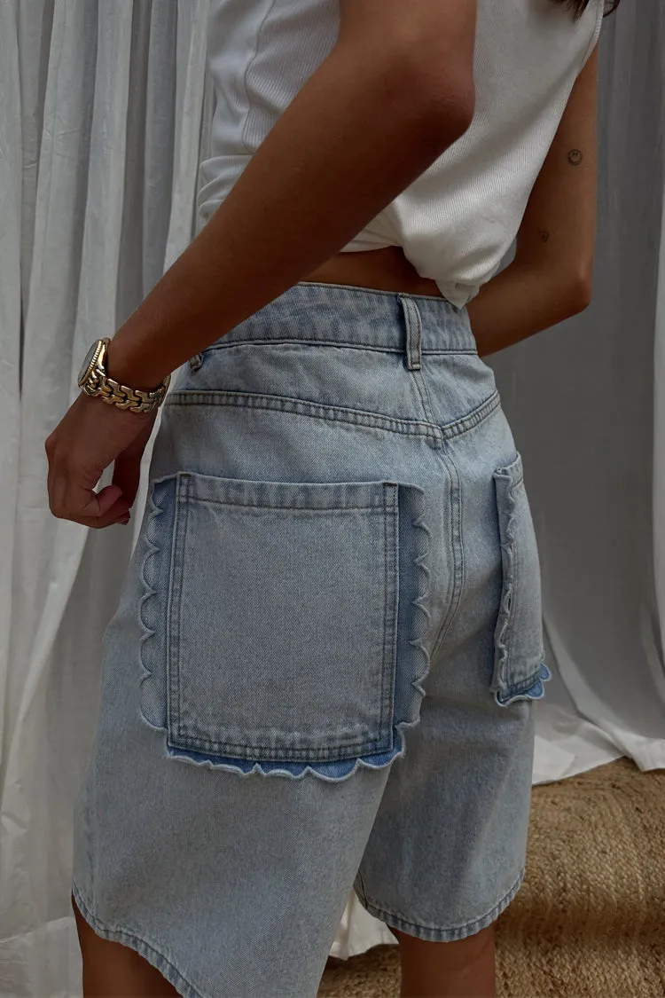 Denim Scallop Pocket Long Shorts