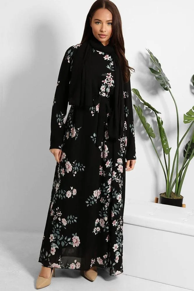 Floral Print Chiffon Modest Dress And Headscarf Set