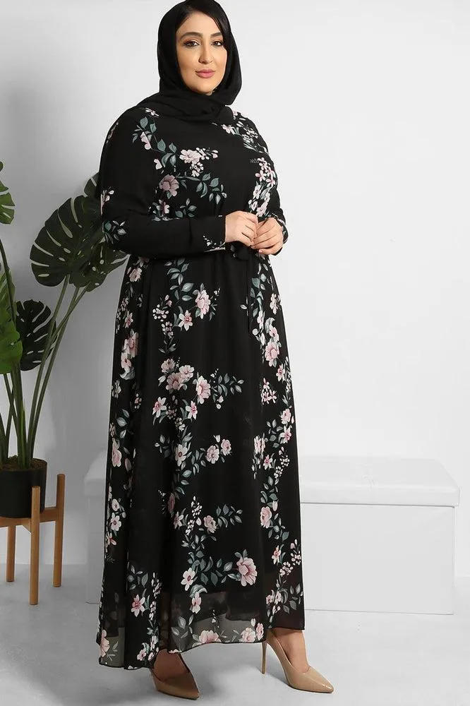 Floral Print Chiffon Modest Dress And Headscarf Set