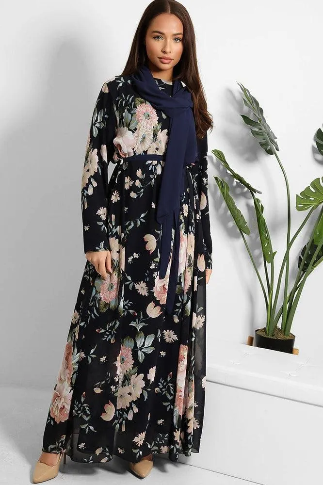 Floral Print Chiffon Modest Dress And Headscarf Set