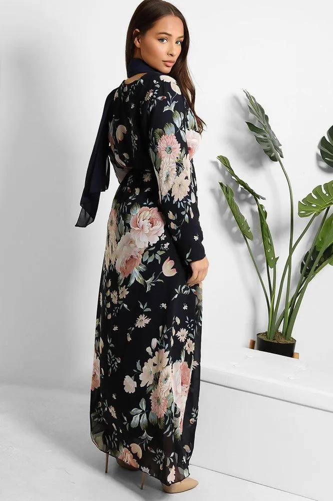 Floral Print Chiffon Modest Dress And Headscarf Set