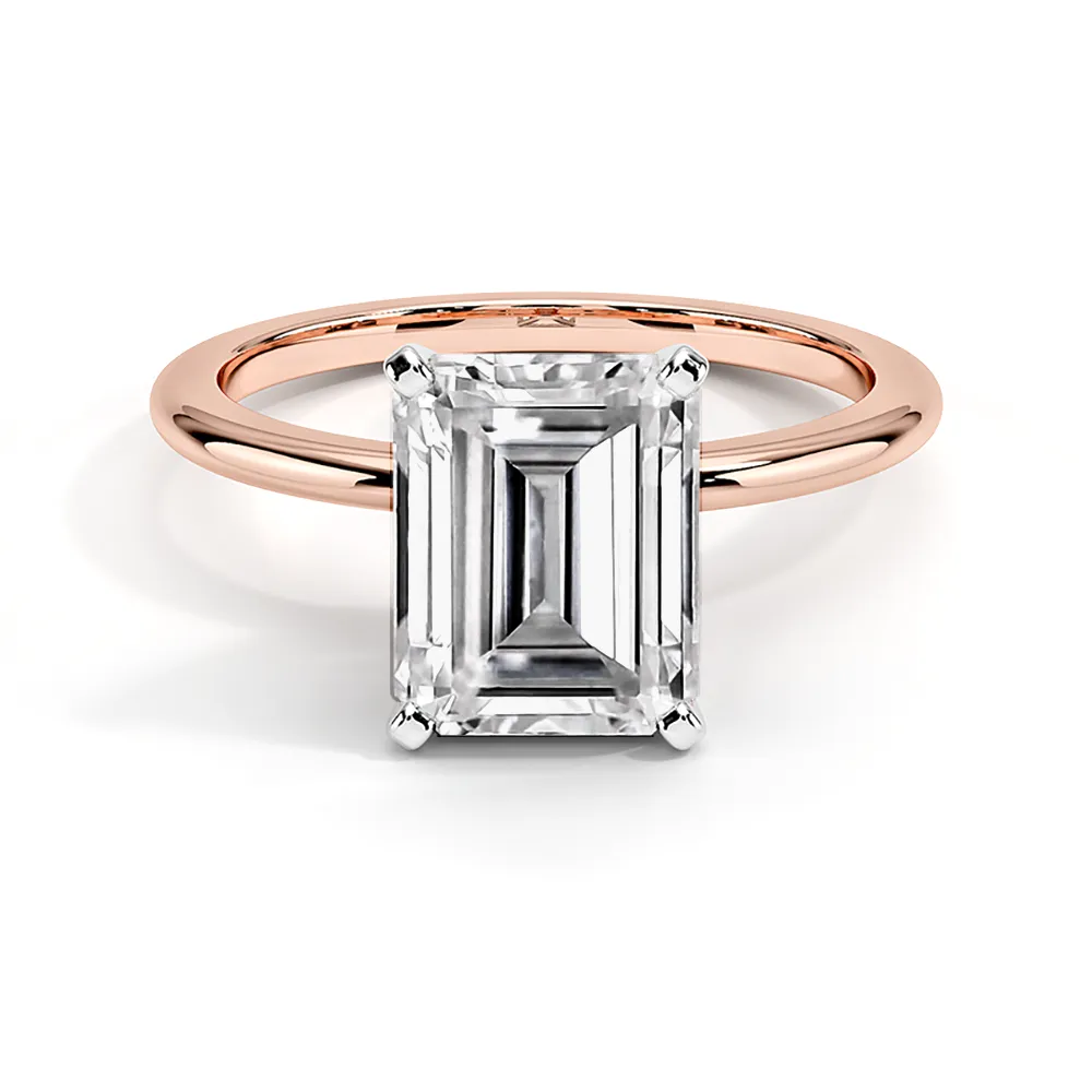 Four Prong Two-Tone Solitaire Emerald Cut Engagement Ring