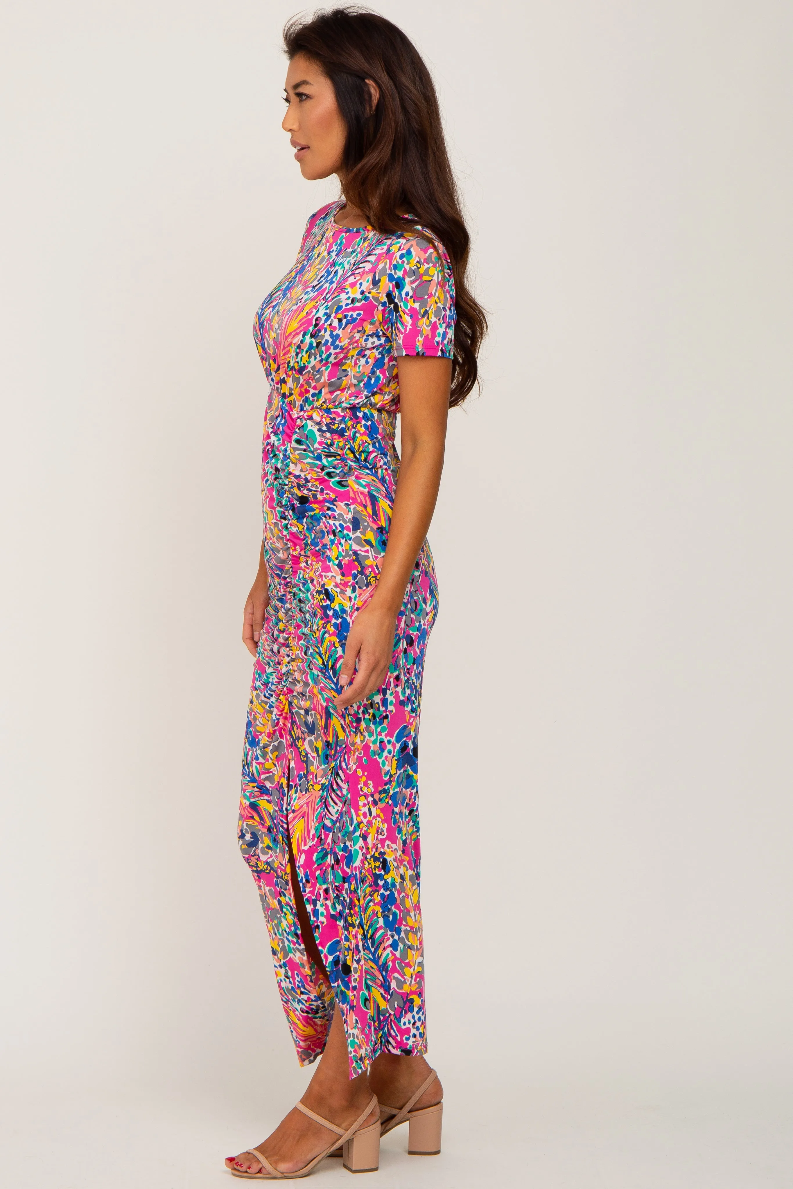 Fuchsia Multi-Color Floral Side Slit Maxi Dress