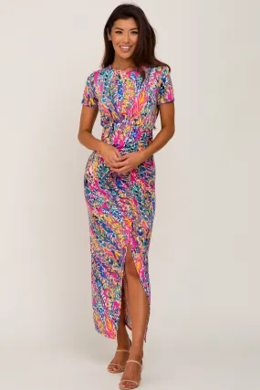 Fuchsia Multi-Color Floral Side Slit Maxi Dress