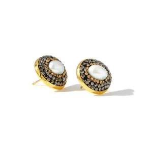 Geometric Round Natural Pearl Stud Earring with Real Gold Plating