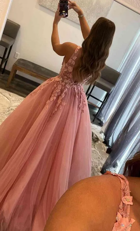 Gorgeous Orange V-Neck Floral Tulle Long Prom Dress PC1337