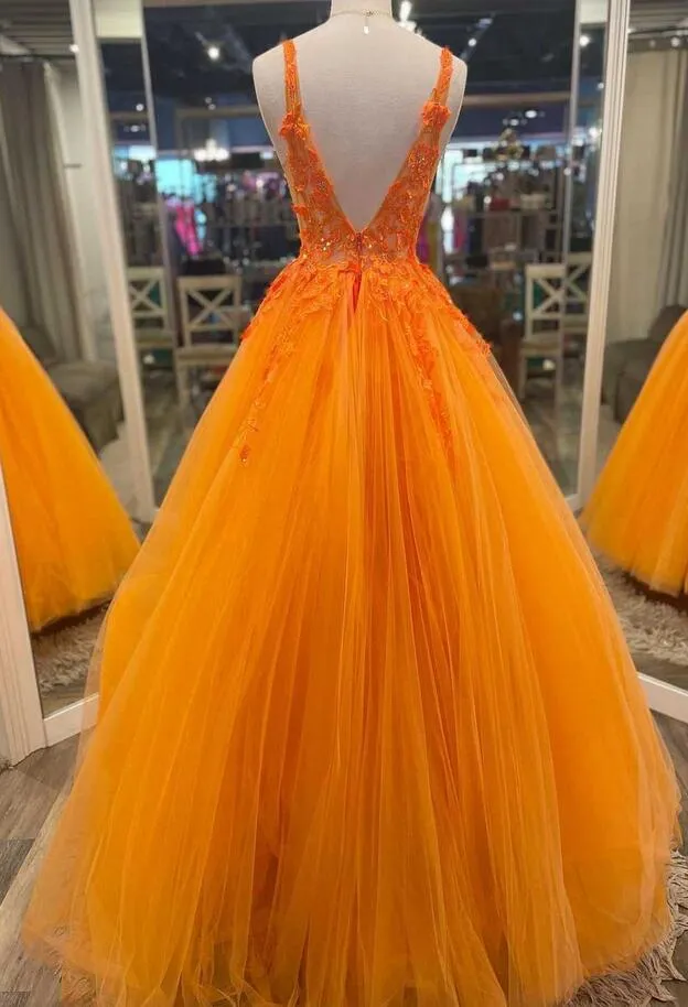 Gorgeous Orange V-Neck Floral Tulle Long Prom Dress PC1337