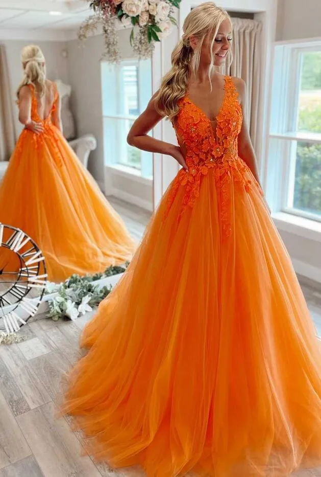 Gorgeous Orange V-Neck Floral Tulle Long Prom Dress PC1337