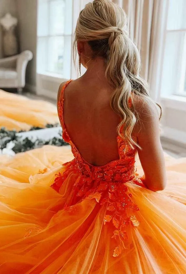 Gorgeous Orange V-Neck Floral Tulle Long Prom Dress PC1337