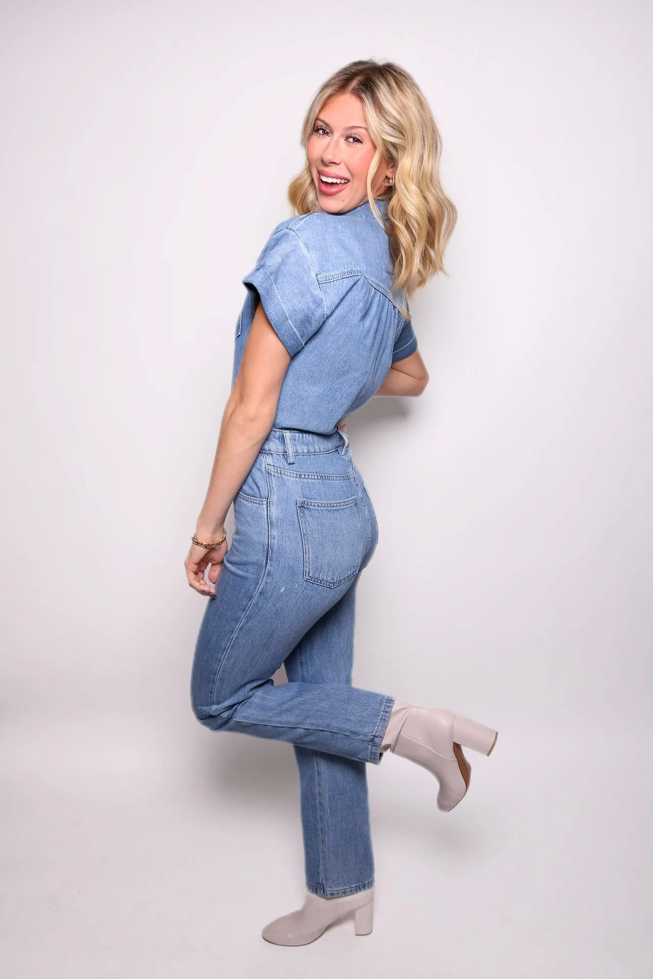 Headed to Broadway Denim Jumpsuit