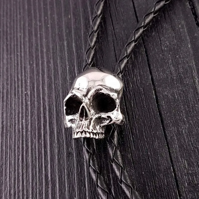 Human Skull Bolo Tie Solid Hand Cast Stainless Steel 42 Braided Cord