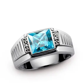 Men's 14K Solid White Fine Gold Statement Ring with Topaz and Diamond Accents