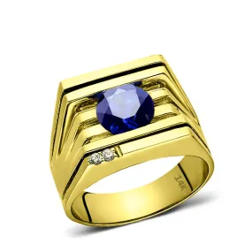 Mens Ring REAL Solid 14K YELLOW GOLD with Sapphire and 2 DIAMOND Accents