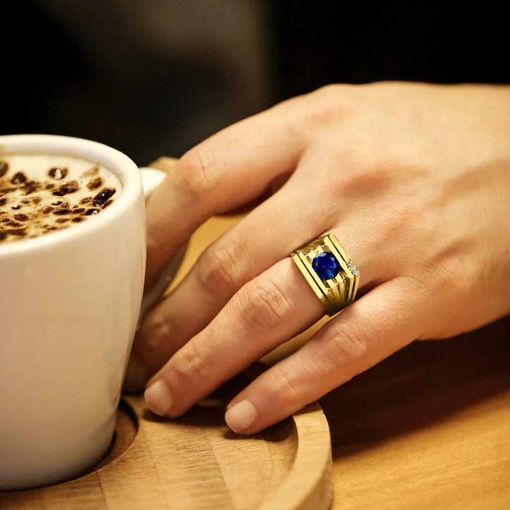 Mens Ring REAL Solid 14K YELLOW GOLD with Sapphire and 2 DIAMOND Accents