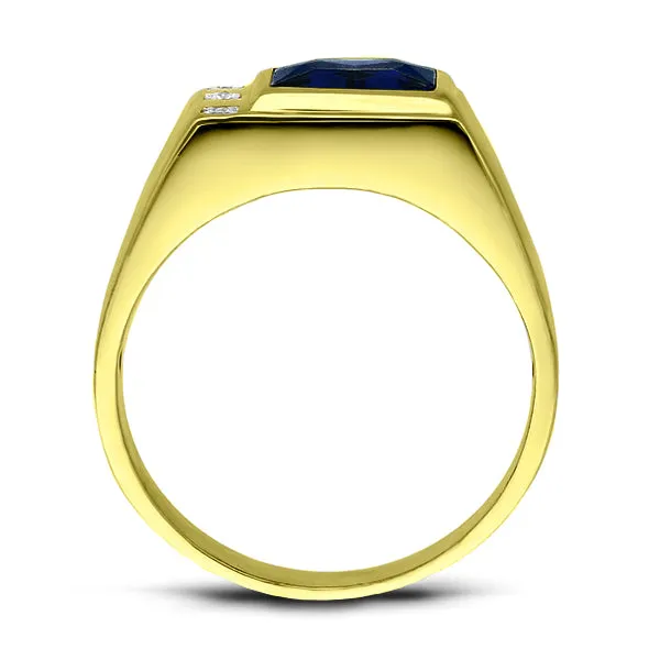 Mens Solid 10K Gold Blue Sapphire Ring 0.06ct Natural Diamonds Fine Ring for Man