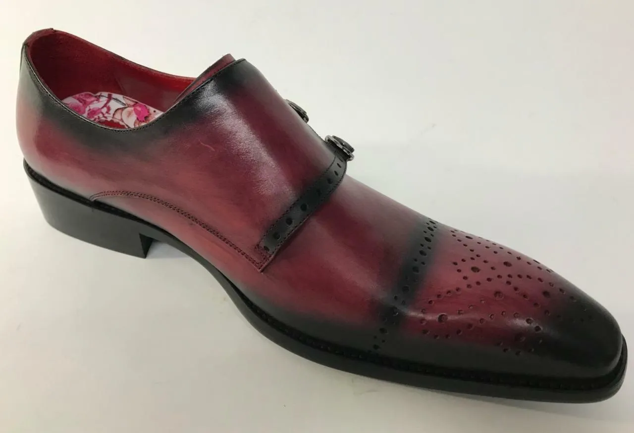 New Encore Fiesso Burgundy Leather Buckle Brogue Slip on Dress Shoes FI 8703