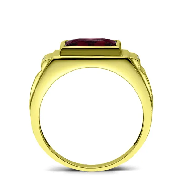 NEW Solid 10K Yellow Fine Gold Red Ruby Mens Ring with 0.04ct Natural Diamonds