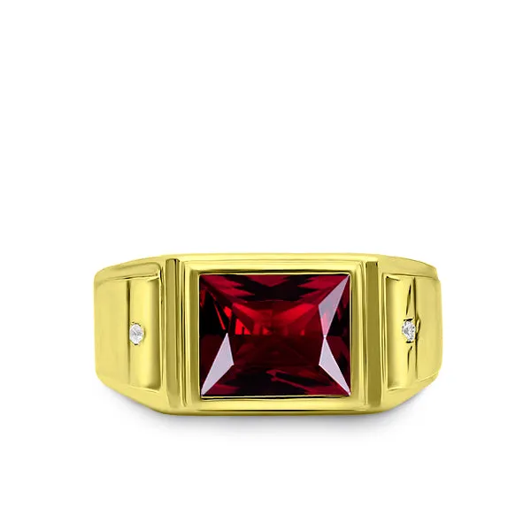 NEW Solid 10K Yellow Fine Gold Red Ruby Mens Ring with 0.04ct Natural Diamonds