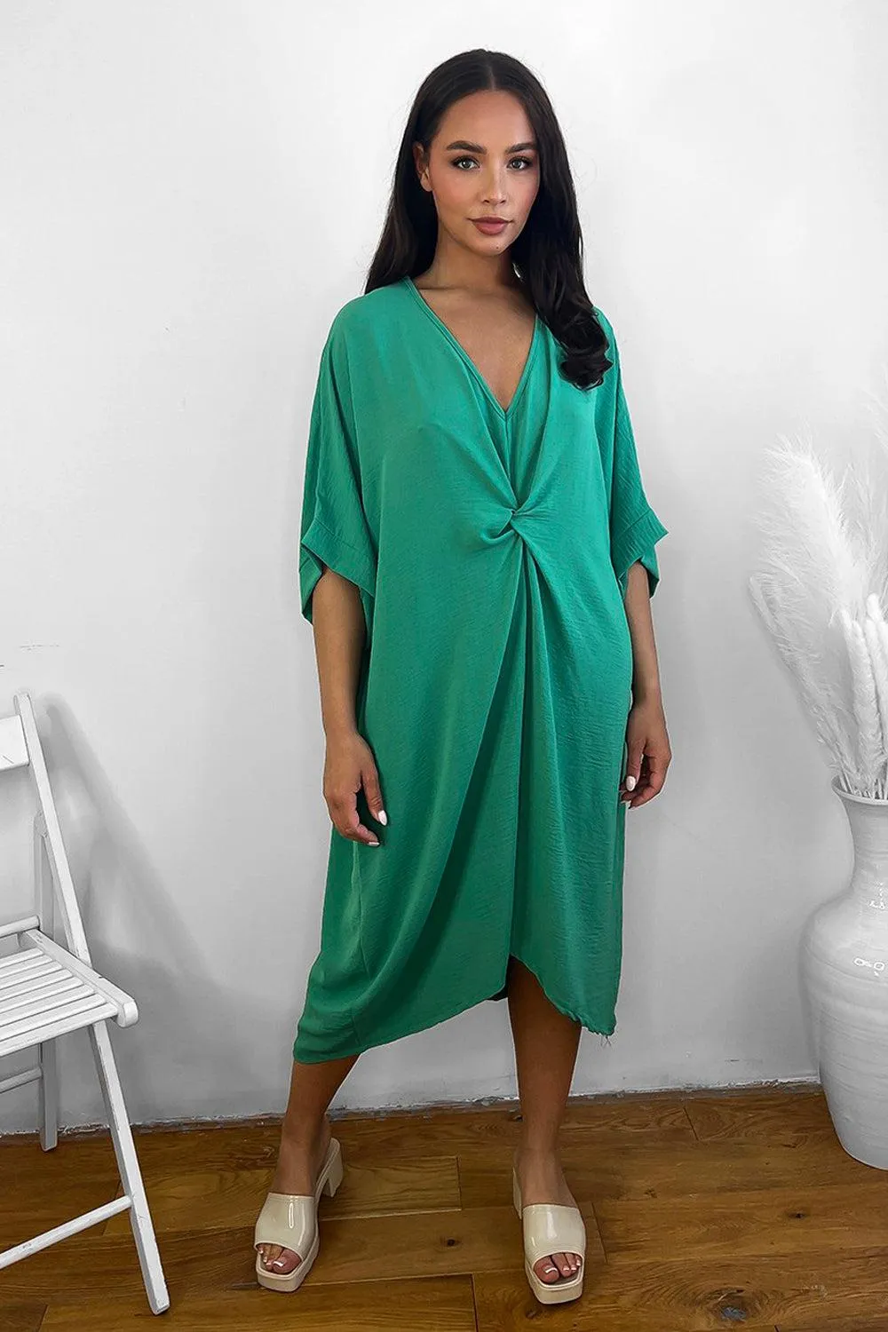 Pinched Front Batwing Midi Dress