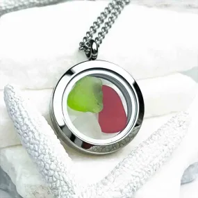 Red, Lime, and Clear Sea Glass Porthole Locket  | # 1896