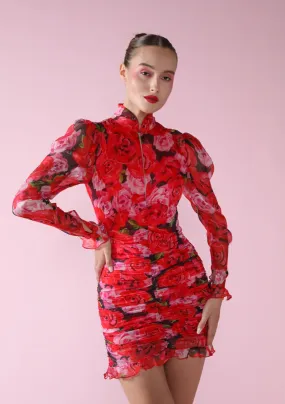 Sau Lee Scarlett Rose Print Silk Mini Dress