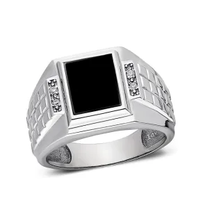 Solid 14K White Gold Estate Geometric Vintage Design Mens Onyx and Diamond Ring