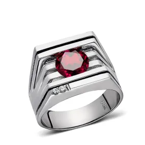 Solid 14K White GOLD Mens Ring with Red Ruby and 2 DIAMOND Accents