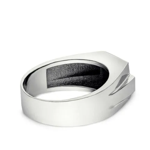 Solid 18K White Gold Mens Natural Black Onyx and 4 Real Diamond Ring