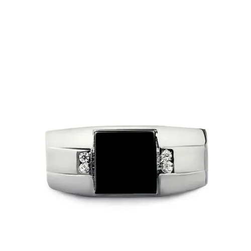 Solid 18K White Gold Mens Natural Black Onyx and 4 Real Diamond Ring