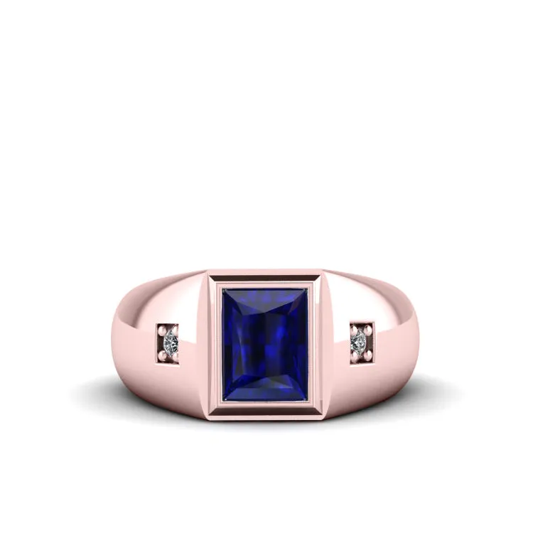 Solid Gold Pinky Ring 2.40ct Rectangle Cut Sapphire Gemstone with 2 Diamonds Gentleman Jewelry