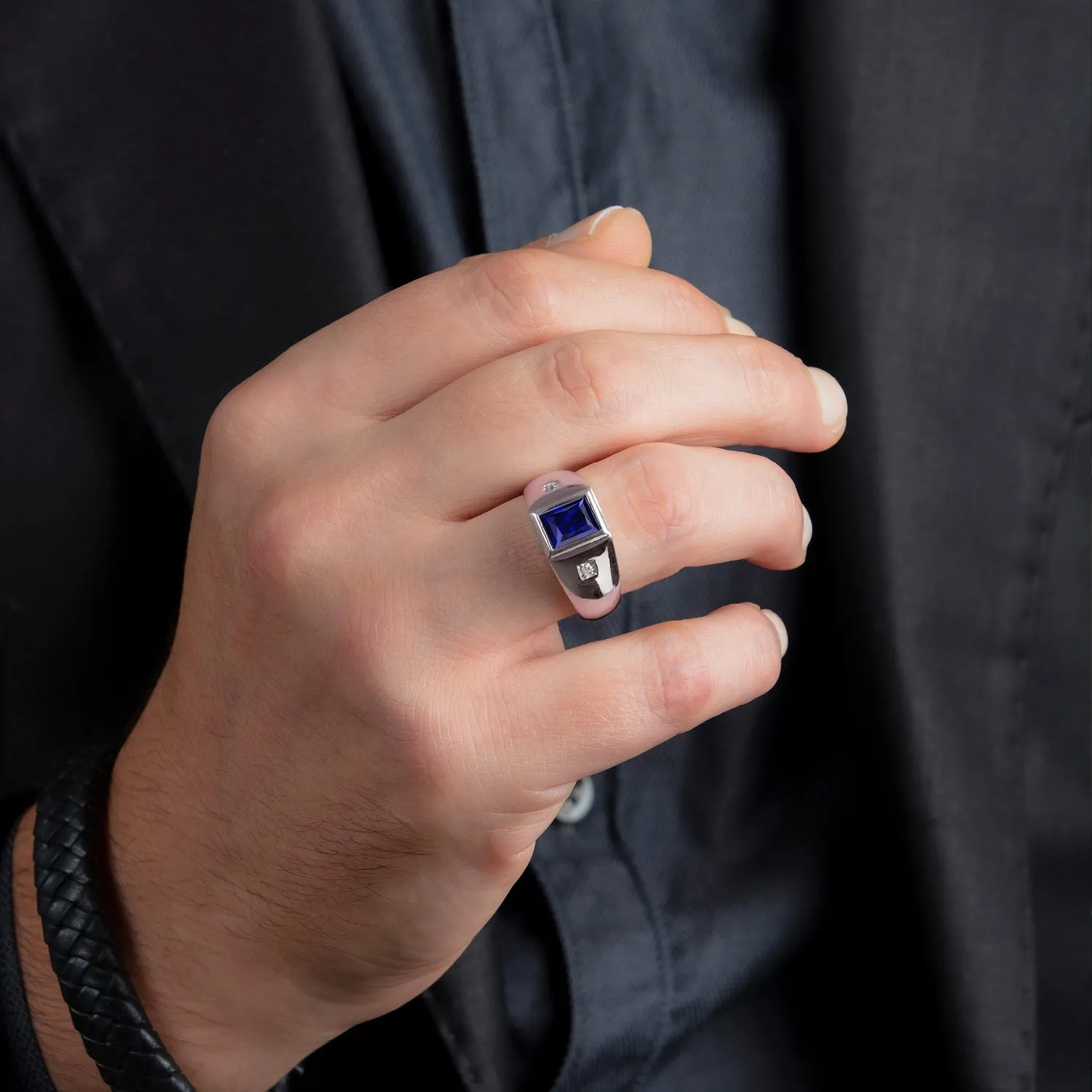 Solid Gold Pinky Ring 2.40ct Rectangle Cut Sapphire Gemstone with 2 Diamonds Gentleman Jewelry