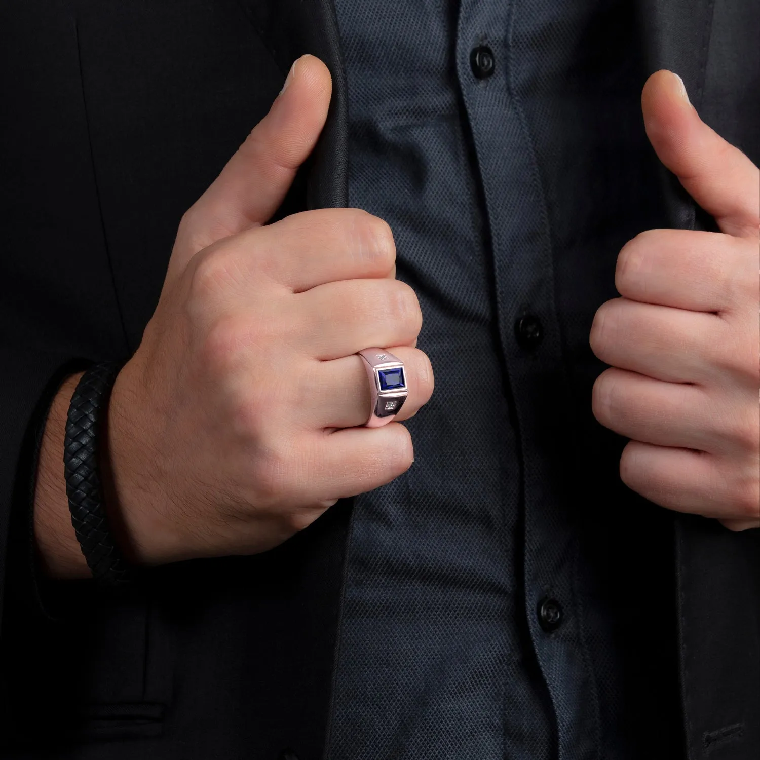 Solid Gold Pinky Ring 2.40ct Rectangle Cut Sapphire Gemstone with 2 Diamonds Gentleman Jewelry