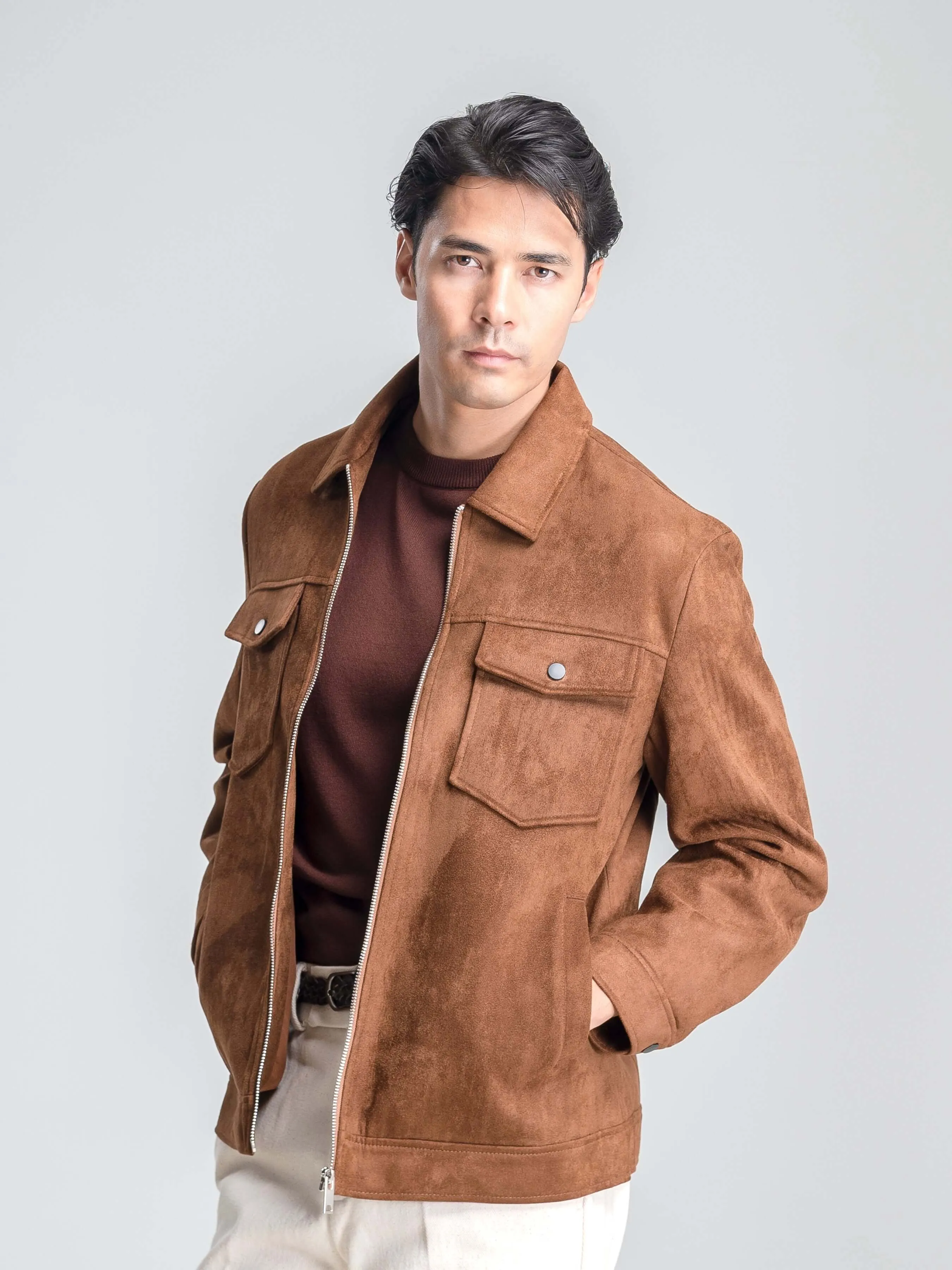 Suede Jacket with Zipper - Brown