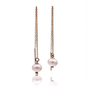 White Pearl Long Threader Earrings in 14kGF Rose Gold Filled, Ready to Ship