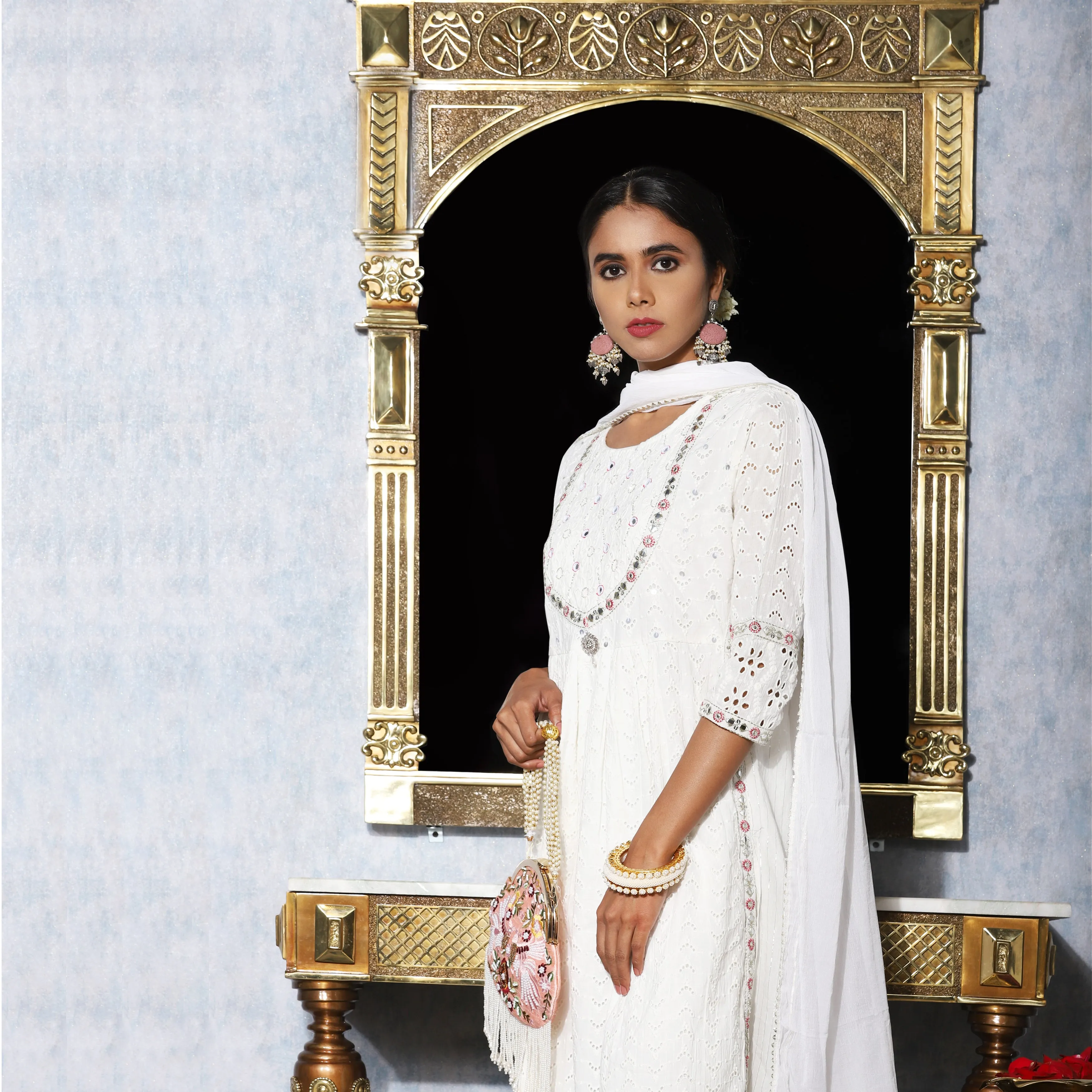 White Schiffi embroidery Hand Work Suit