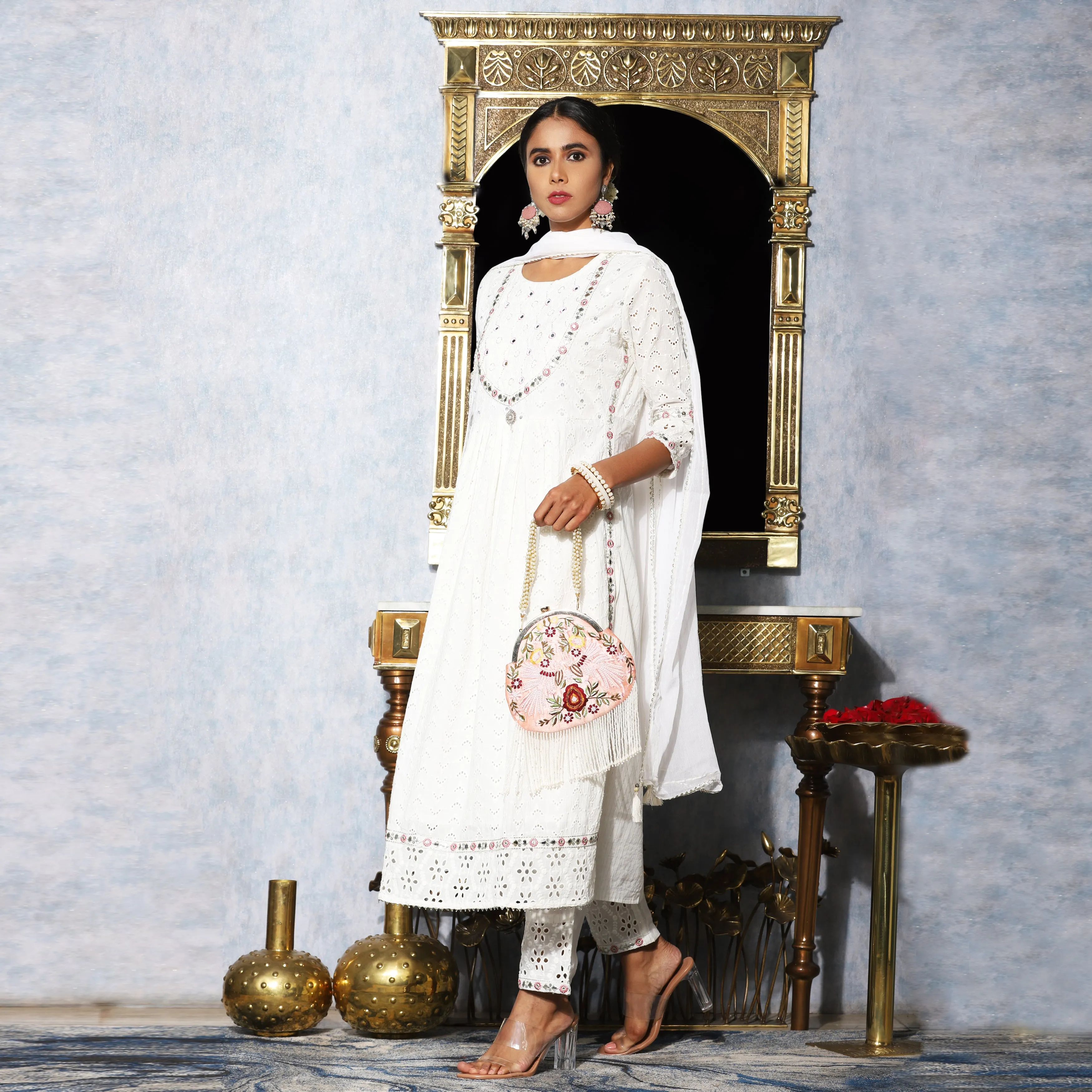 White Schiffi embroidery Hand Work Suit