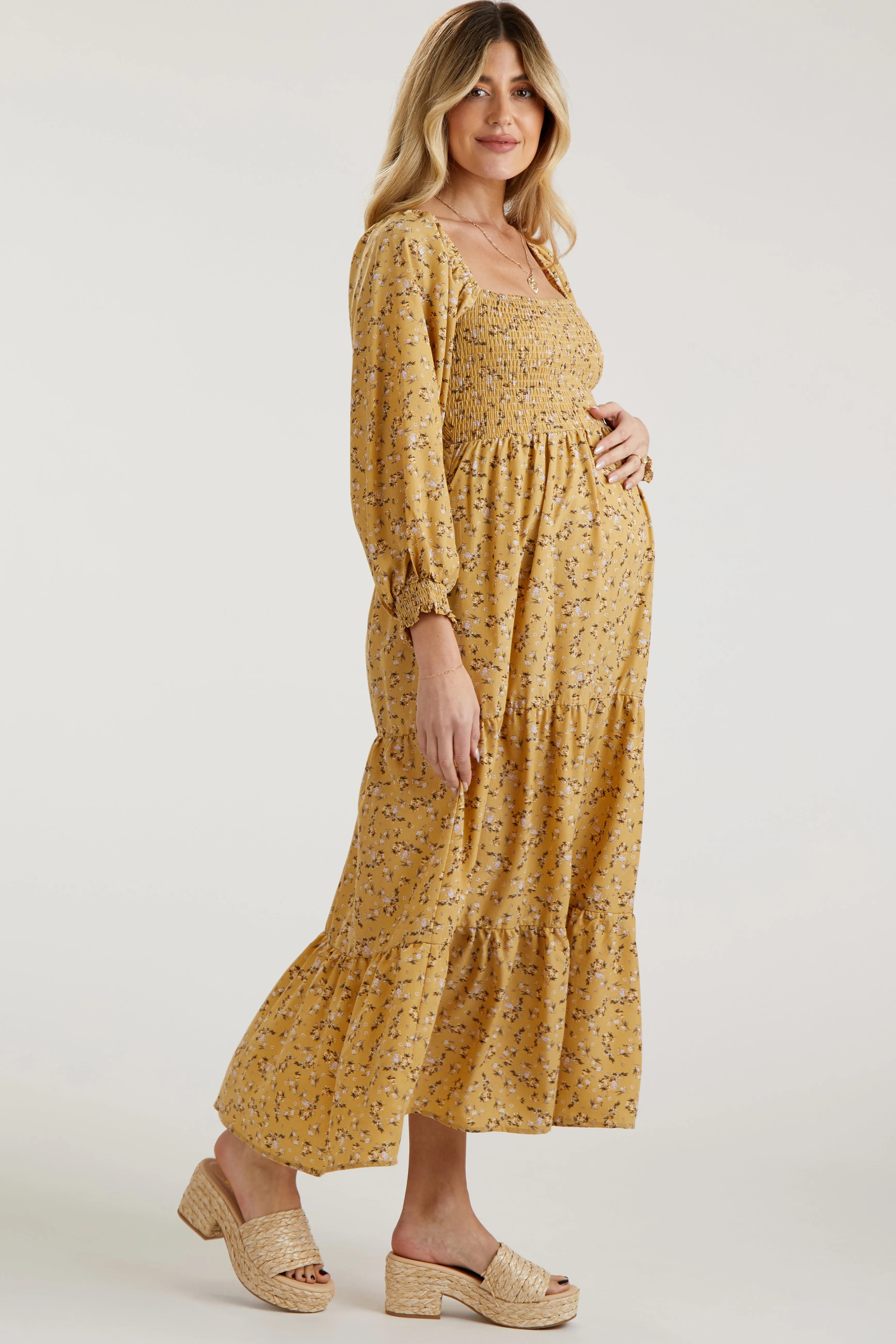 Yellow Floral Smocked Long Sleeve Maternity Maxi Dress